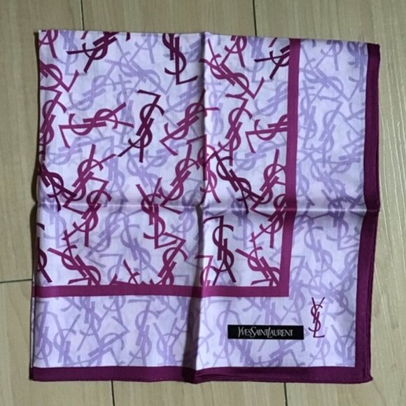 New Yves Saint Laurent Bandana Handkerchief Scarf YSL Logo All Over Purple - Picture 1 of 3